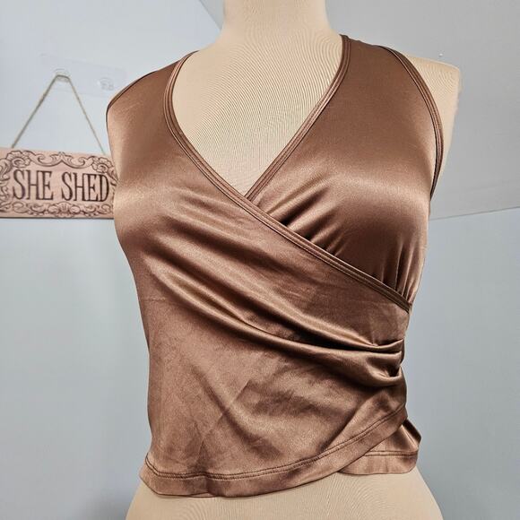 Nally and Millie Bronze Surplice Neck Ruched Side Cropped Halter Top Y2K Medium - Picture 10 of 13